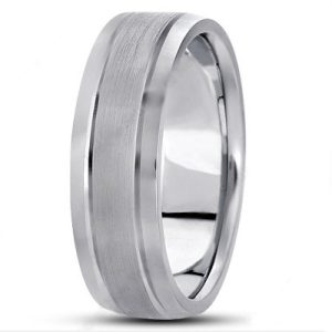 A silver wedding band with a brushed finish and a polished edge is displayed prominently.