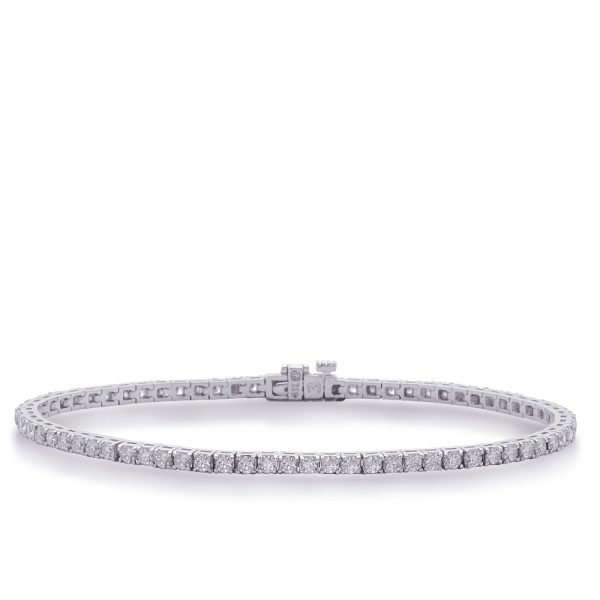 A silver bracelet with a diamond-encrusted design is displayed against a white background.