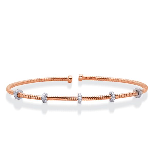 A rose gold bracelet with three diamond-studded elements is displayed on a white background.