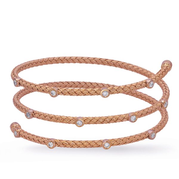 Rose gold braided bracelet featuring several embedded stones.