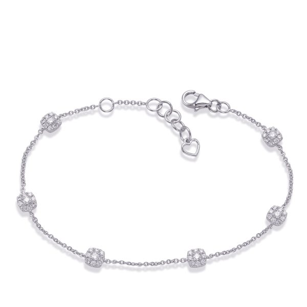 A silver bracelet with decorative cubic elements is displayed against a plain background.