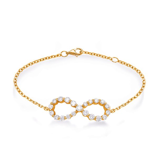 Gold chain bracelet featuring an infinity symbol adorned with sparkling gemstones.