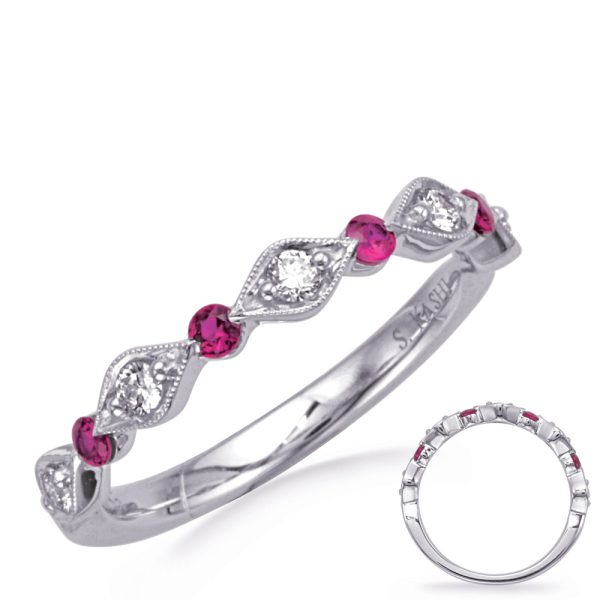 Silver ring featuring alternating pink and clear gemstones with a decorative band design.