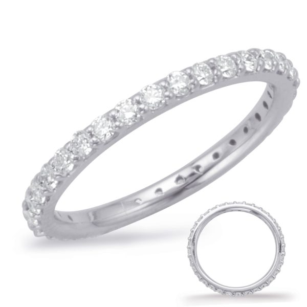 A silver band ring is adorned with a row of small, clear diamonds.