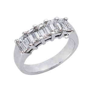 A silver ring features a row of eight rectangular emerald-cut gemstones.