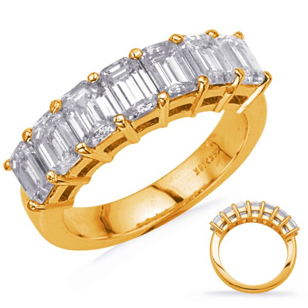 A gold ring featuring a row of rectangular stones set in prongs, with a smaller side view of the same ring shown.