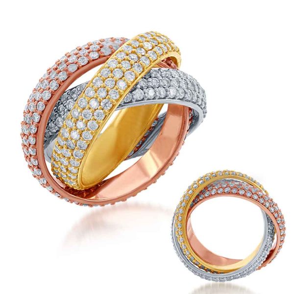 Three intertwined rings made of gold, silver, and rose gold, adorned with sparkling diamonds.