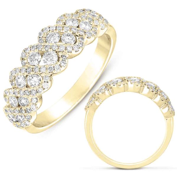 Two gold rings are displayed, one featuring multiple round diamonds arranged in a wavy pattern and the other with a simpler design showcasing a row of diamonds.