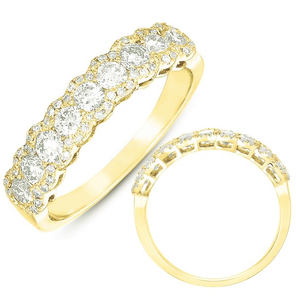 A gold band ring adorned with multiple round diamonds is displayed from two angles.
