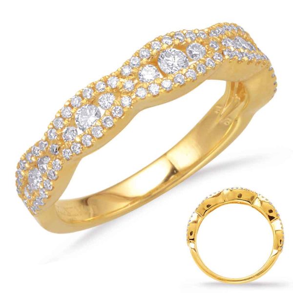 A gold ring adorned with multiple small diamonds arranged in a wavy pattern.