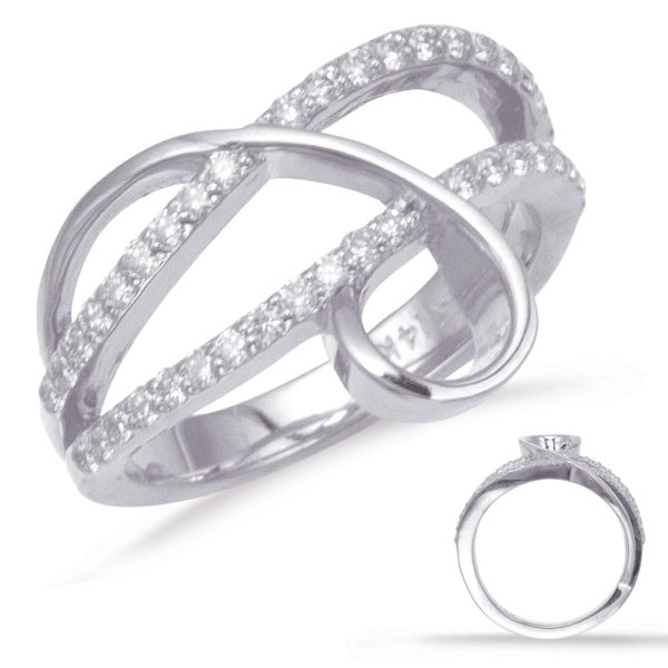 A silver ring with an intricate, intertwined design features a row of small clear gemstones along its surface.