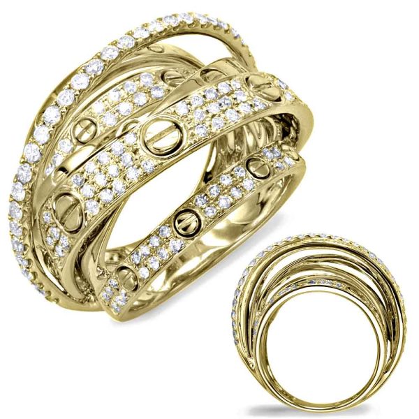 A stack of interlocking gold rings adorned with multiple clear gemstones is displayed prominently in the image.