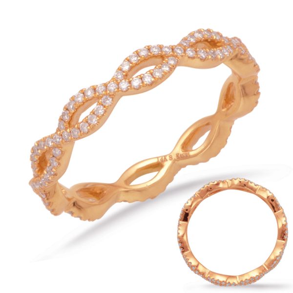A gold ring with an intertwined design featuring small diamonds is displayed, alongside a close-up view of its inner band.
