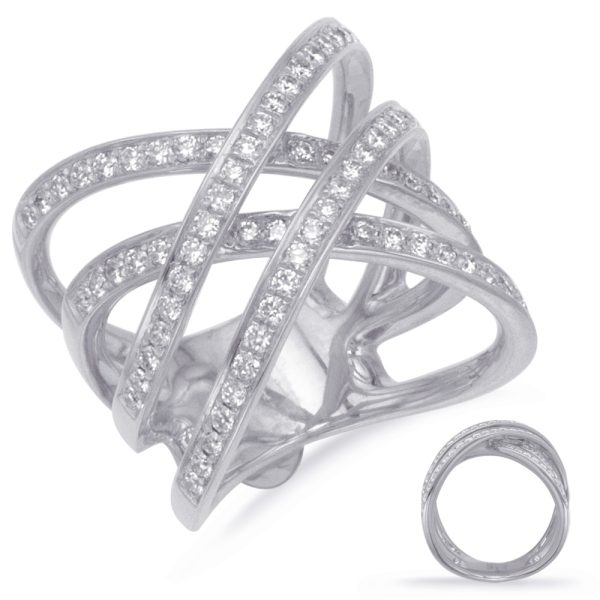 A silver ring with intertwined bands embedded with small clear stones is prominently displayed next to a smaller, simpler band.