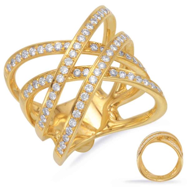 A gold ring with intertwined bands is adorned with small, sparkling stones.