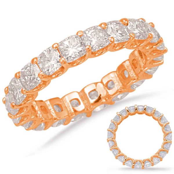 A rose gold ring with a continuous row of round, clear gemstones is displayed alongside a smaller image of the same ring from a different angle.