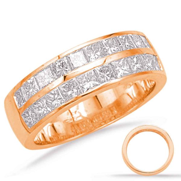 A rose gold ring with three sets of four square diamonds set in a row is displayed alongside a plain band.