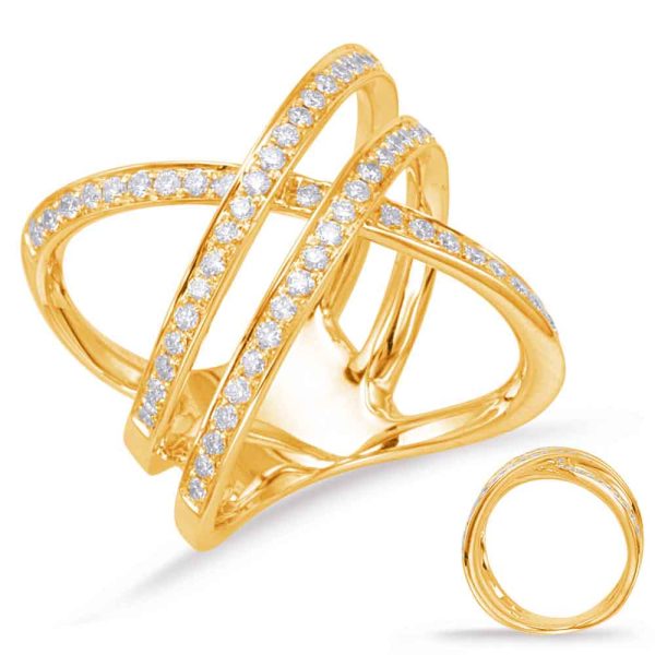 A gold ring with intersecting bands adorned with small stones is displayed alongside a plain band ring.