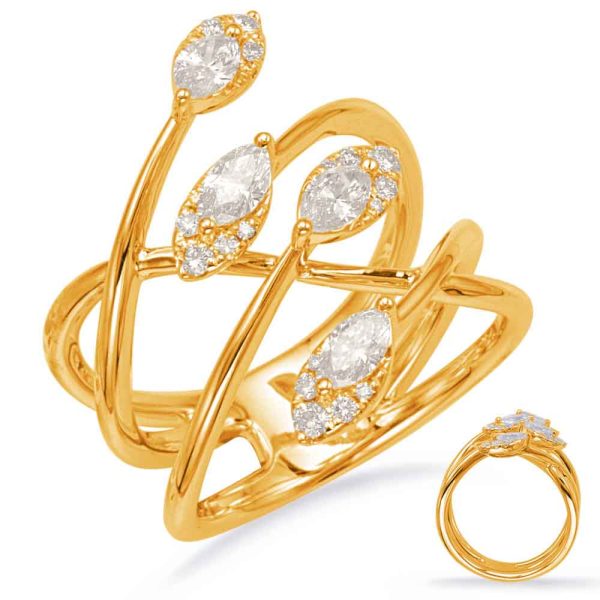 A gold ring with multiple entwined bands and diamond-like stones is prominently displayed alongside a simpler ring with three smaller stones.