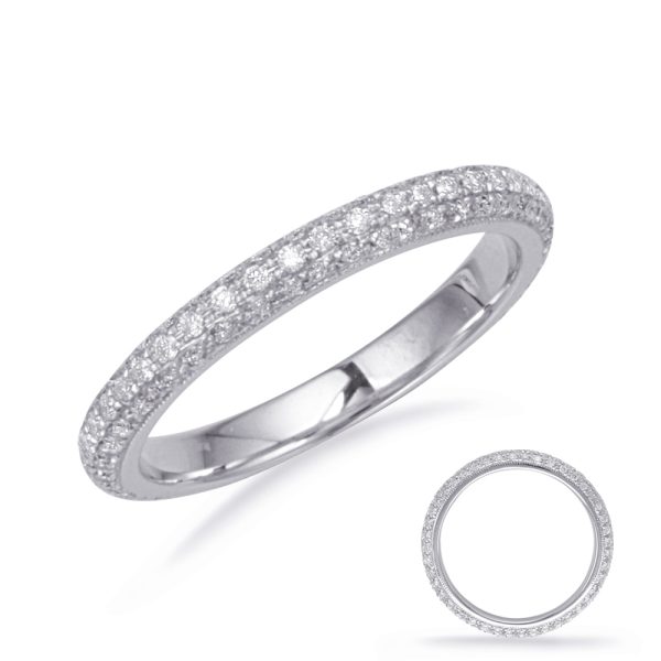 A diamond-studded white metal ring is displayed with a side profile view and a smaller inset showing a top view.
