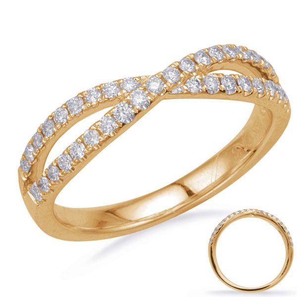 A gold ring with intertwined bands set with multiple round diamonds is displayed against a white background.