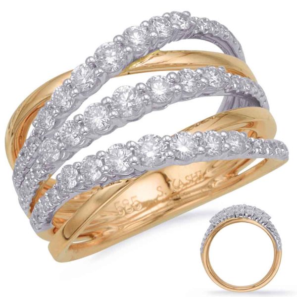 A gold and silver multi-band ring featuring sparkling diamonds entwined in a swirling design.