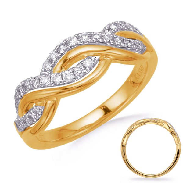 A gold and silver intertwined wedding ring adorned with small clear stones is displayed alongside a simple gold band.