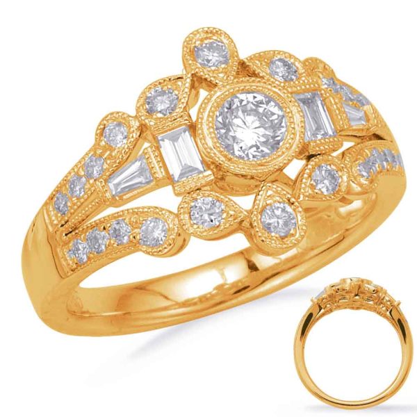 A gold ring featuring a central round diamond and surrounded by smaller diamonds in a decorative pattern.