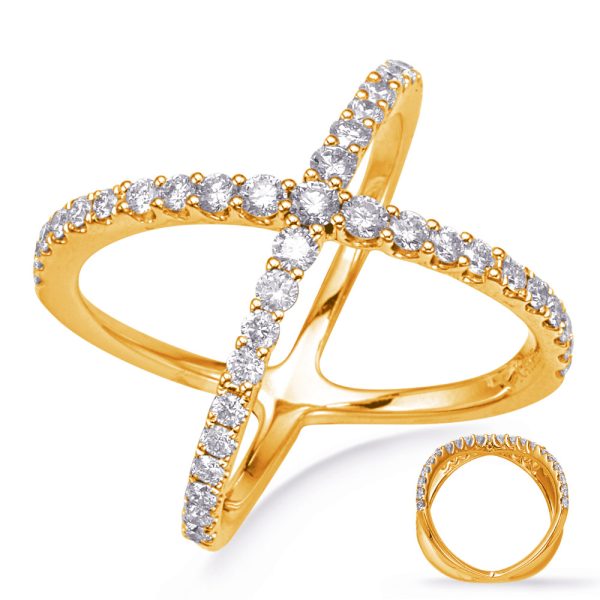 A gold ring with a crisscross design featuring multiple sparkling diamonds is displayed alongside a smaller ring.