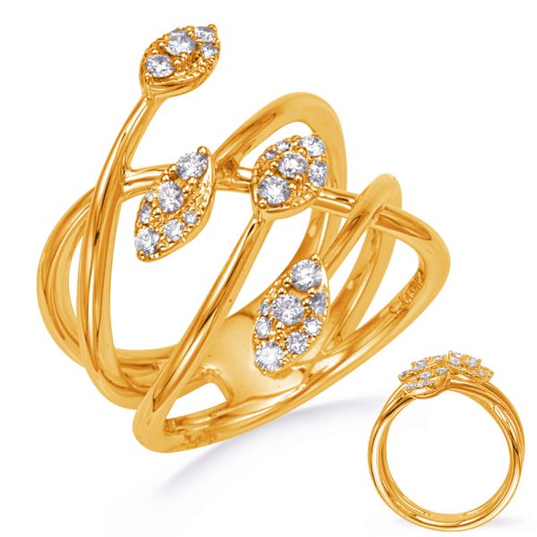 A gold ring featuring a swirling design with multiple diamond-like embellishments is displayed alongside a simpler ring.
