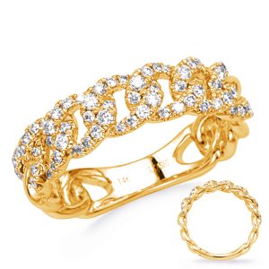 A gold ring with a braided design and multiple sparkling clear stones is displayed, alongside a smaller replica of the same ring.