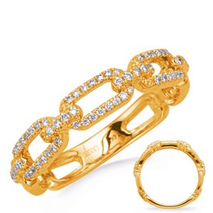 Gold ring with chain-link design and embedded diamonds, displayed upright and from the side.