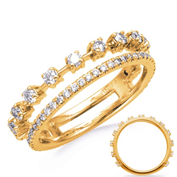 Two gold rings, one featuring a row of diamonds set in a classic design and the other shown separately, both reflecting light.