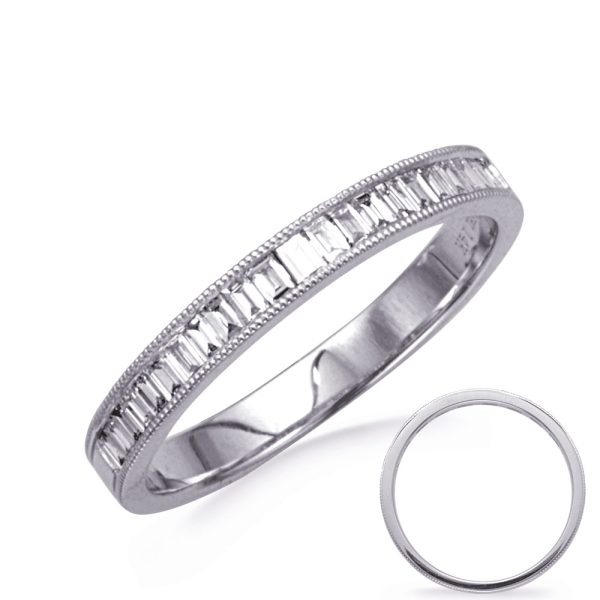 A silver ring with a row of rectangular stones is displayed alongside a plain circular band.