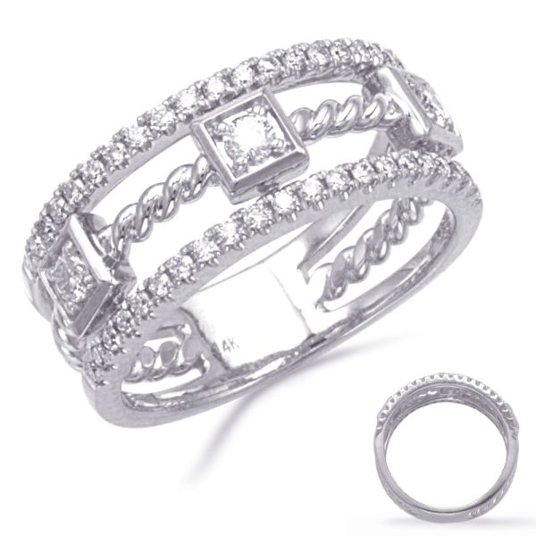 A silver ring with intricate designs and embedded diamonds is displayed, featuring a central square setting and a smaller circular inset ring shown in the bottom right corner.