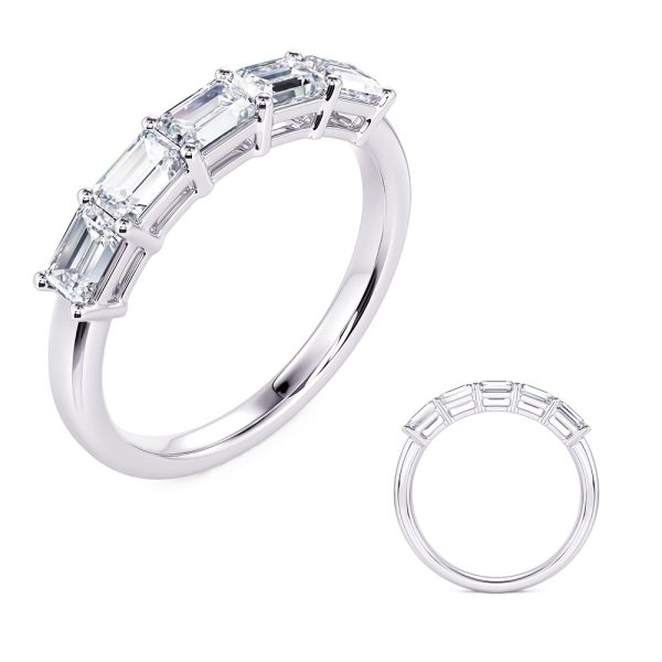 A silver ring set with five rectangular gemstones is displayed alongside a side view of the ring.