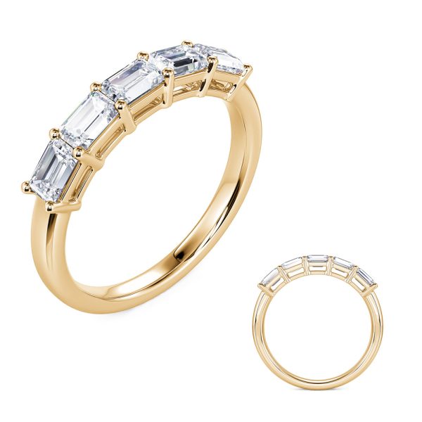 Gold ring featuring five rectangular gemstones in a pronged setting, with a smaller ring shown alongside.