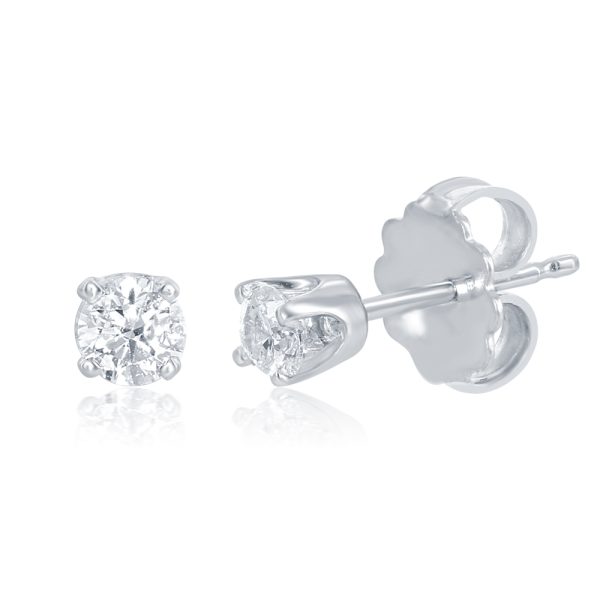 A pair of diamond stud earrings is displayed, highlighting one earring with a silver post and butterfly clasp alongside the other.