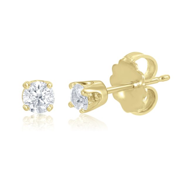 Gold stud earrings featuring round clear gemstones in a four-prong setting.