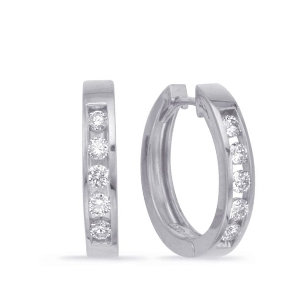 Silver hoop earrings with diamond accents are displayed side by side.