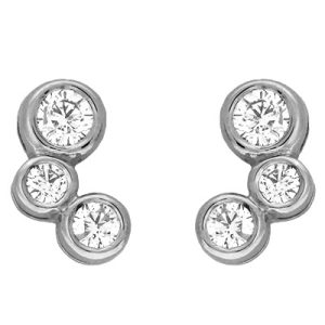 Silver earrings featuring three clear, round stones arranged in a cluster design.