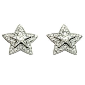 Two silver star-shaped earrings adorned with clear rhinestones are displayed side by side.