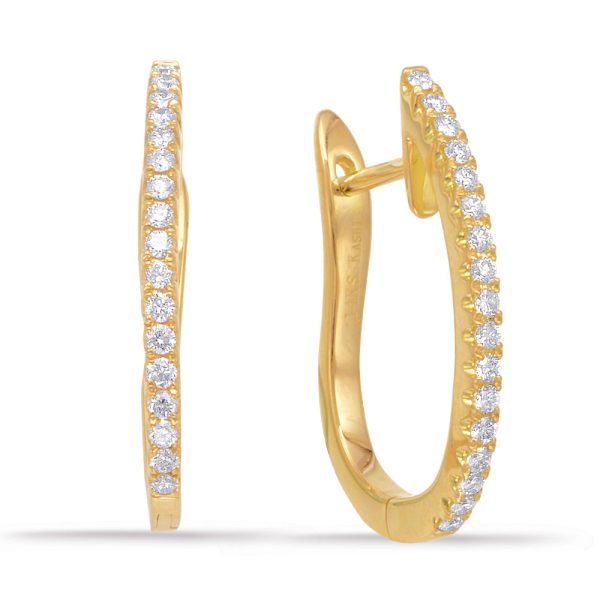 A pair of gold hoop earrings embellished with sparkling diamonds is displayed side by side.