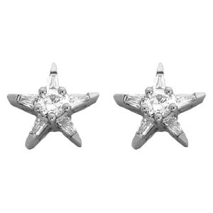 Two star-shaped earrings made of silver with embedded clear gemstones.