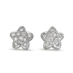 Two star-shaped earrings are displayed, featuring a silver finish and adorned with multiple small sparkling stones.