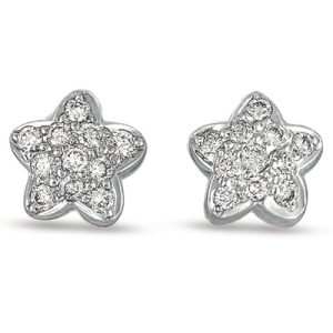 Silver star-shaped earrings adorned with small sparkling gemstones.