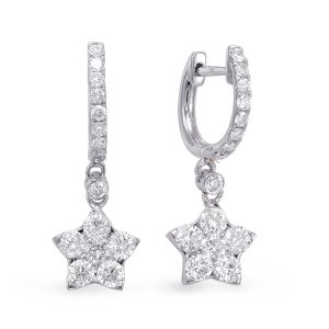 Silver hoop earrings with star-shaped, diamond-studded pendants.