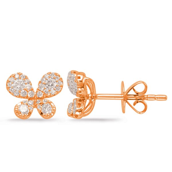 Rose gold butterfly-shaped earrings adorned with sparkling gems are displayed side by side.