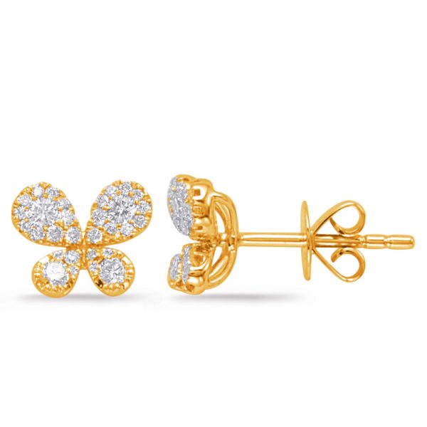 Gold butterfly-shaped earrings featuring sparkling gemstones.