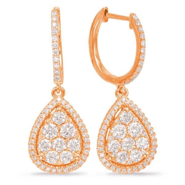 Rose gold hoop earrings featuring teardrop shapes adorned with multiple round clear gemstones.